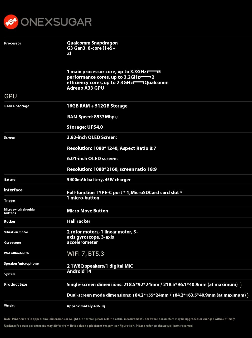 OneXsugar Sugar 1 specs