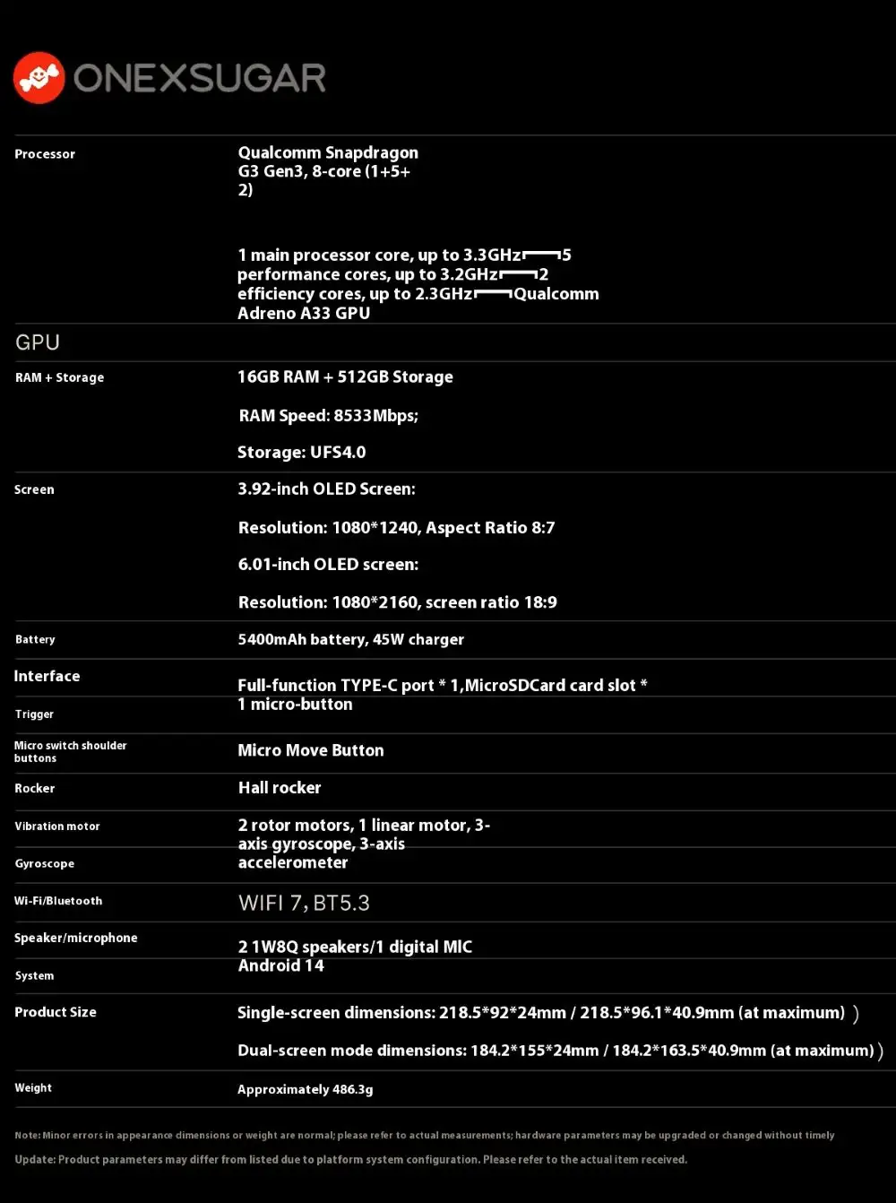 OneXsugar Sugar 1 specs